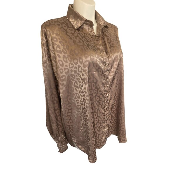 Koco & K London Y2K Leopard Jacquard Satin Blouse UK 20 US XL Taupe Gold Btn Up - Picture 1 of 11